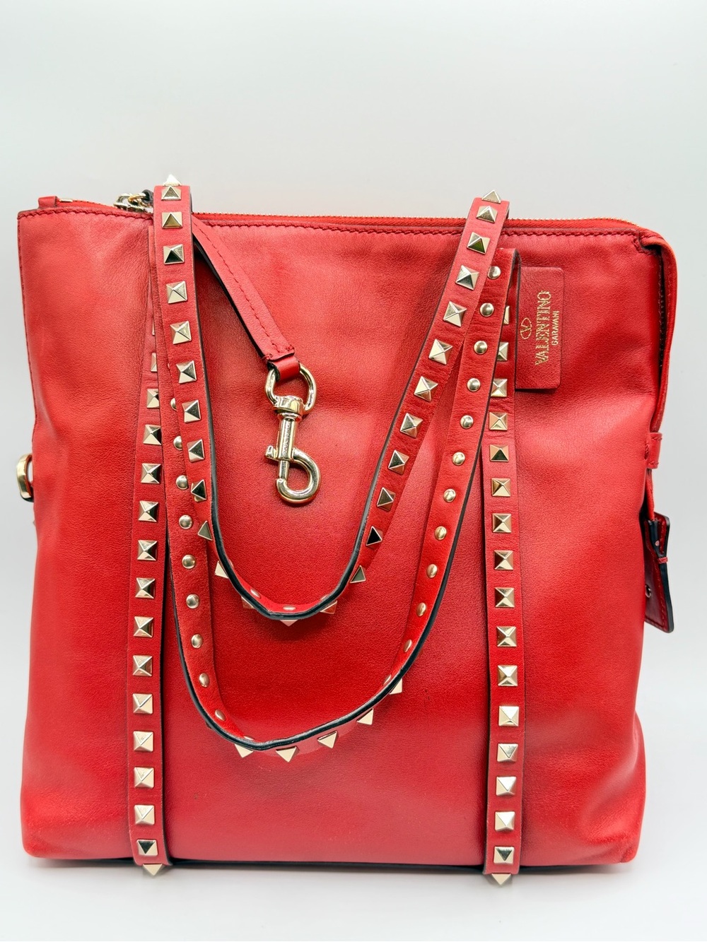 Valentino Red Leather Rockstud Tote with Gold Hardware